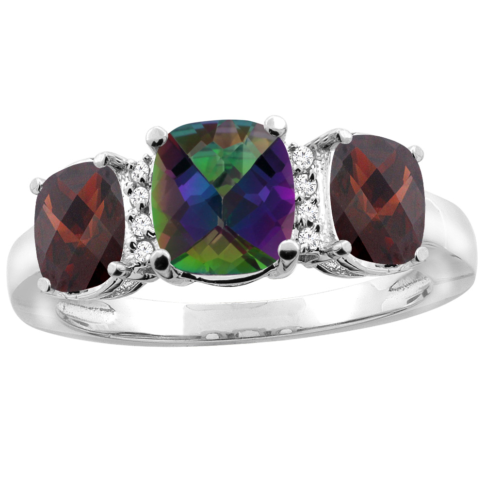 10K White Gold Natural Mystic Topaz & Garnet 3-stone Ring Cushion 8x6mm Diamond Accent, sizes 5 - 10