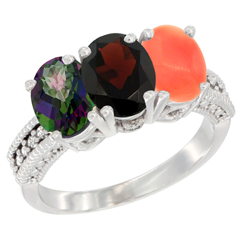 10K White Gold Natural Mystic Topaz, Garnet & Coral Ring 3-Stone Oval 7x5 mm Diamond Accent, sizes 5 - 10