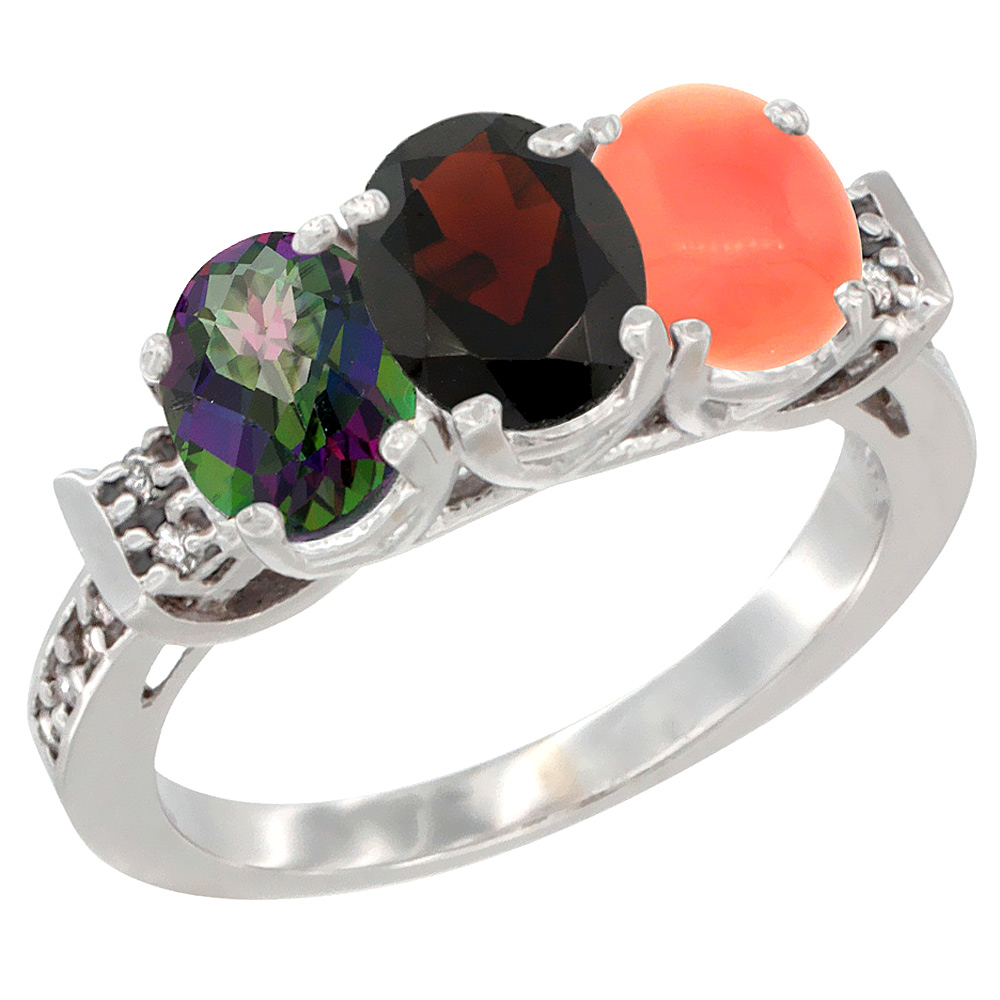 10K White Gold Natural Mystic Topaz, Garnet &amp; Coral Ring 3-Stone Oval 7x5 mm Diamond Accent, sizes 5 - 10