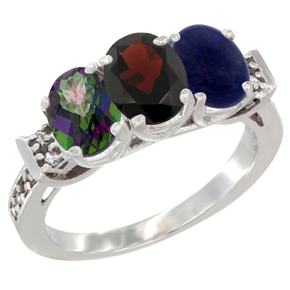 10K White Gold Natural Mystic Topaz, Garnet & Lapis Ring 3-Stone Oval 7x5 mm Diamond Accent, sizes 5 - 10