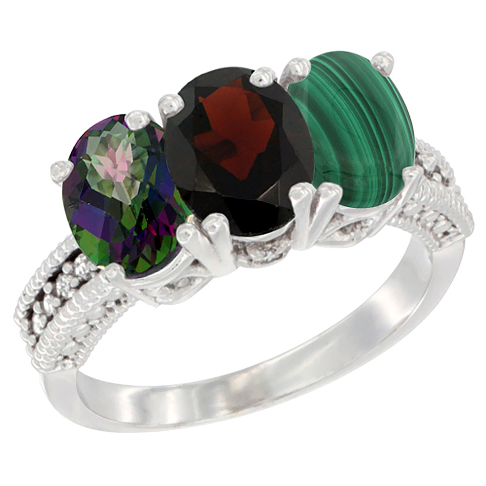 10K White Gold Natural Mystic Topaz, Garnet & Malachite Ring 3-Stone Oval 7x5 mm Diamond Accent, sizes 5 - 10