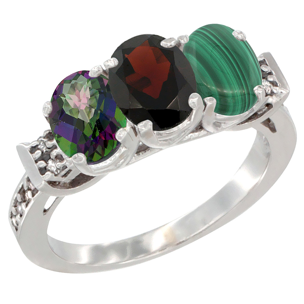 10K White Gold Natural Mystic Topaz, Garnet & Malachite Ring 3-Stone Oval 7x5 mm Diamond Accent, sizes 5 - 10