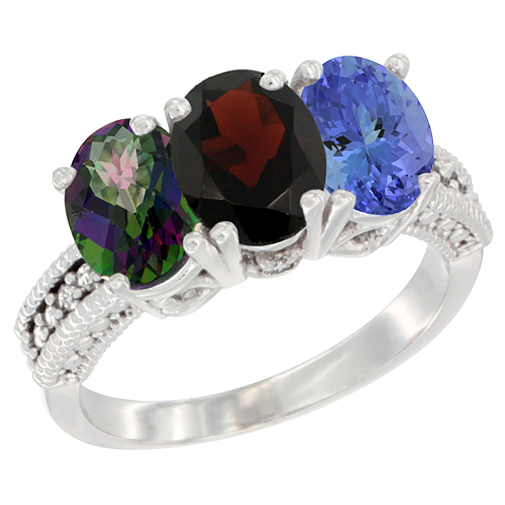 10K White Gold Natural Mystic Topaz, Garnet & Tanzanite Ring 3-Stone Oval 7x5 mm Diamond Accent, sizes 5 - 10