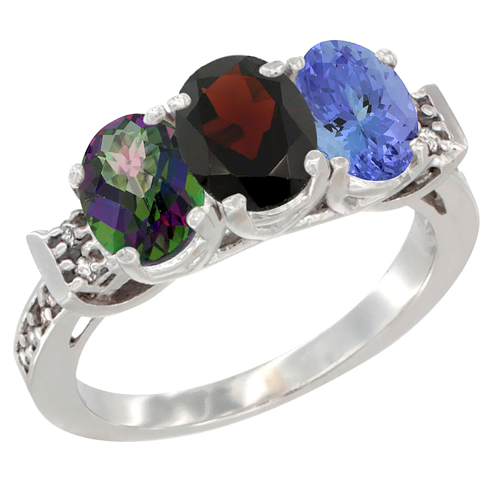 10K White Gold Natural Mystic Topaz, Garnet & Tanzanite Ring 3-Stone Oval 7x5 mm Diamond Accent, sizes 5 - 10