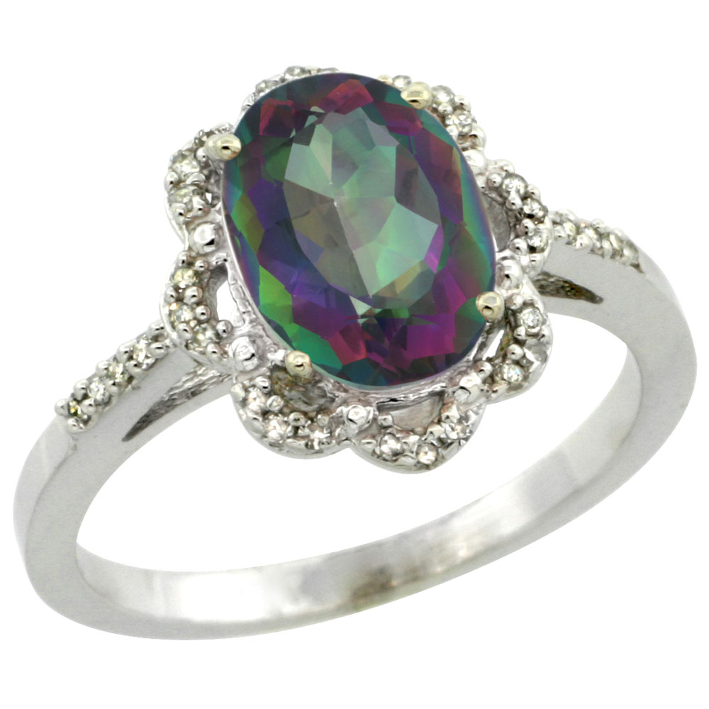 14K White Gold Natural Diamond Halo Mystic Topaz Engagement Ring Oval 9x7mm, sizes 5-10