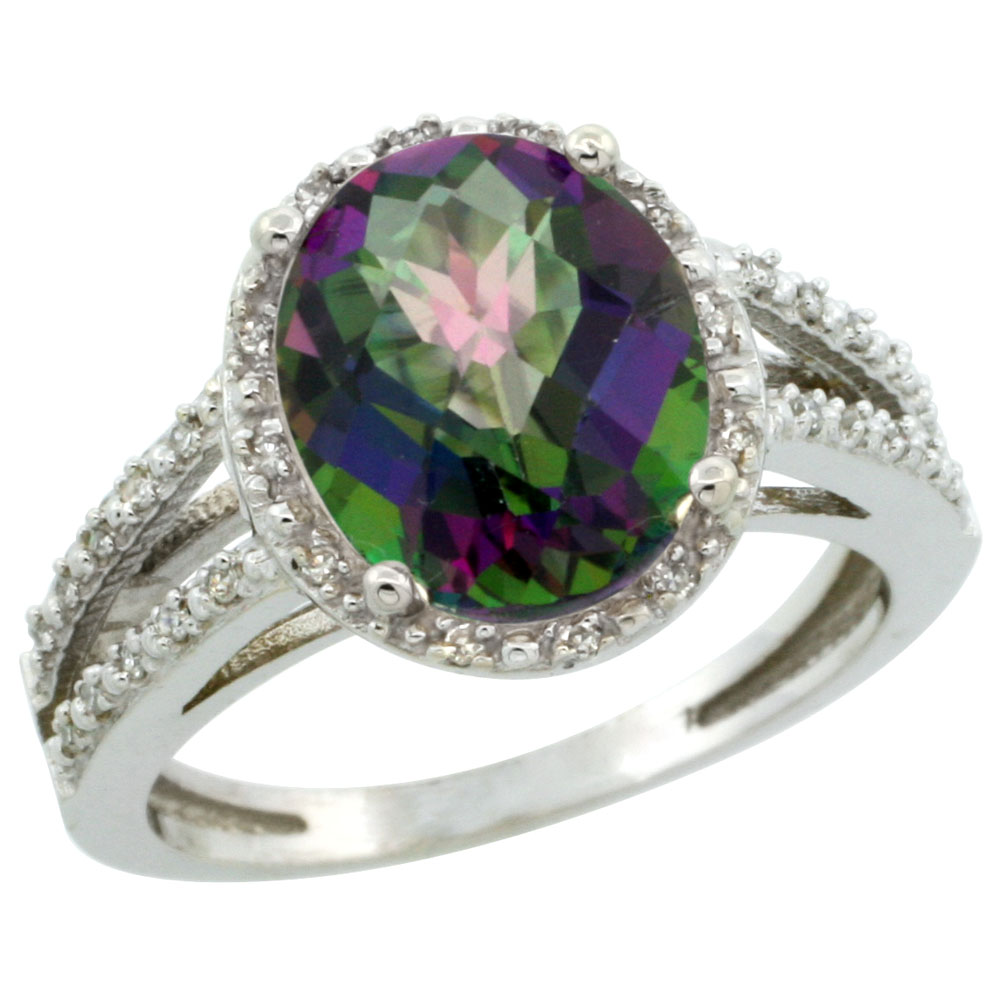 14K White Gold Natural Mystic Topaz Diamond Halo Ring Oval 11x9mm, sizes 5-10