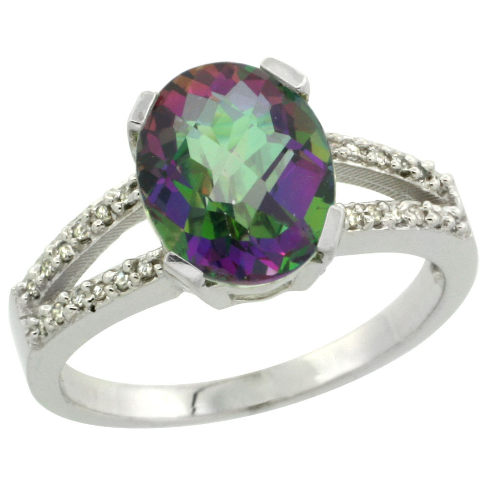 14K White Gold Natural Diamond Mystic Topaz Engagement Ring Oval 10x8mm, sizes 5-10