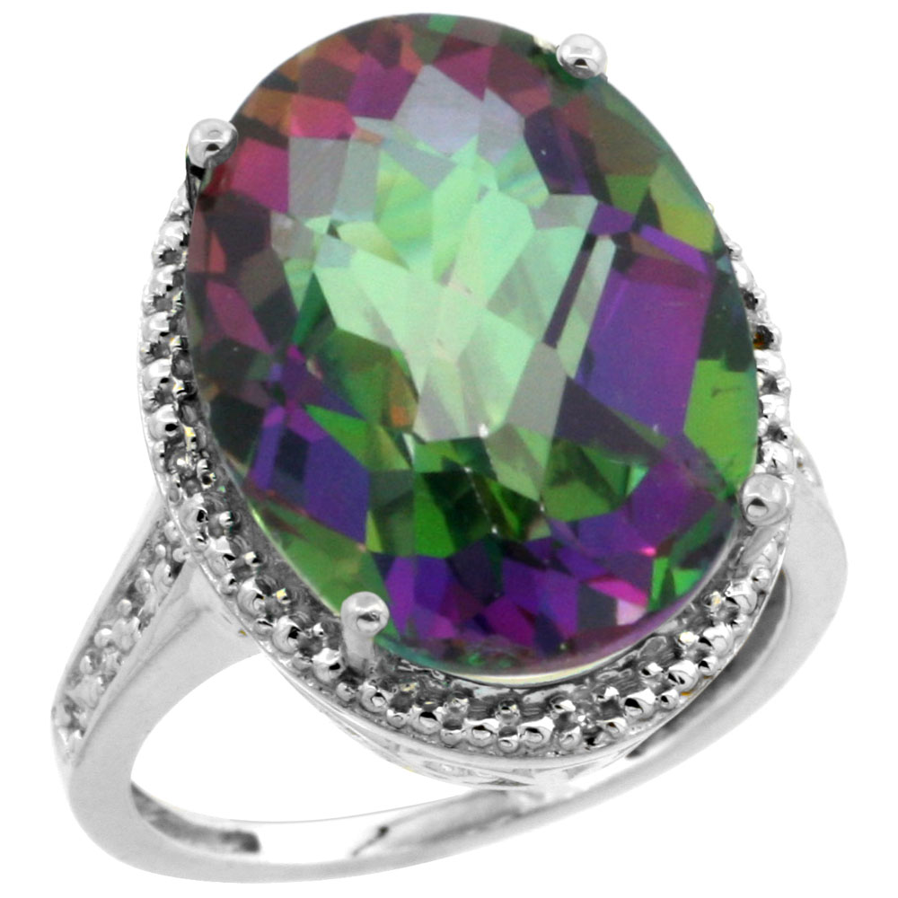 10K White Gold Natural Diamond Mystic Topaz Ring Oval 18x13mm, sizes 5-10