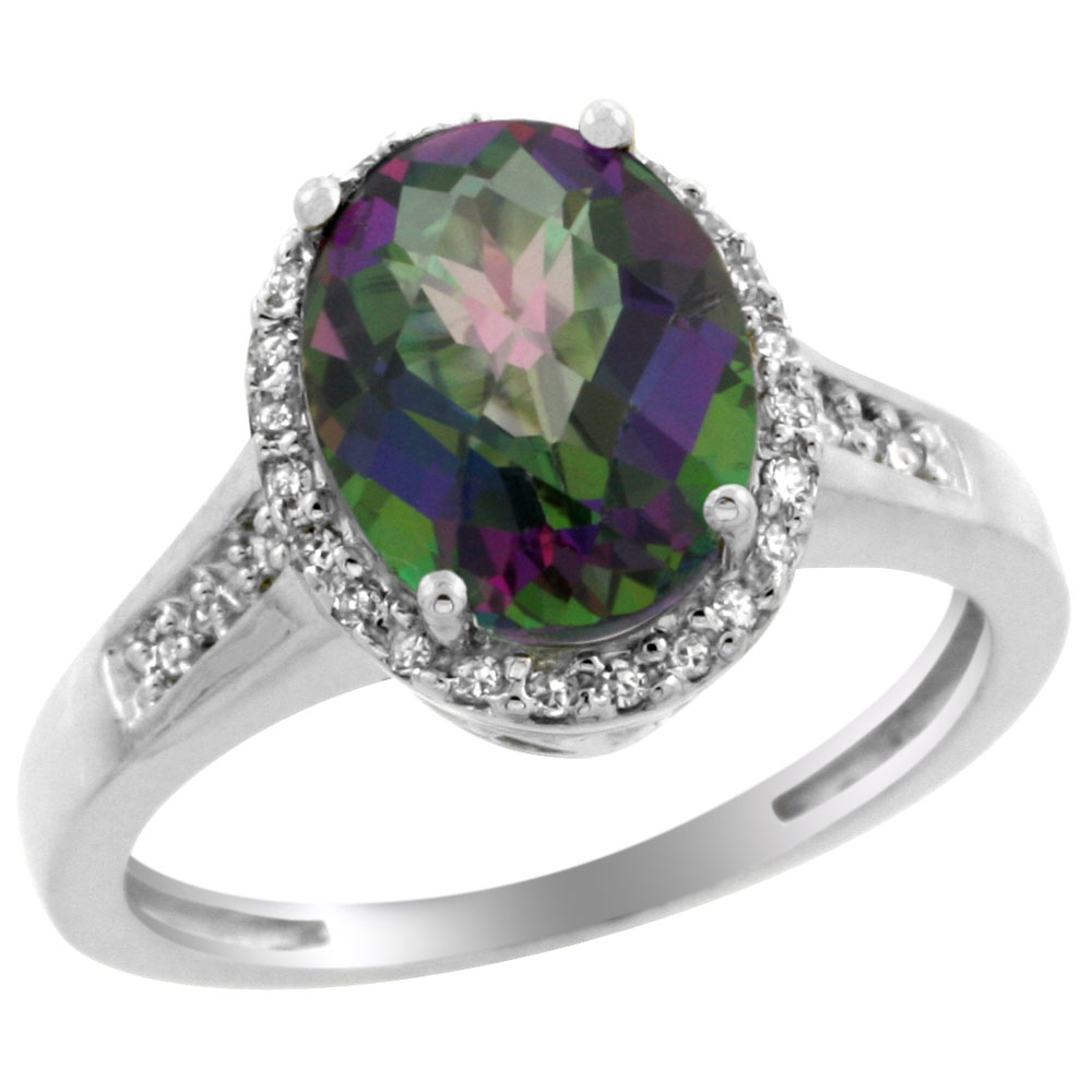 14K White Gold Natural Diamond Mystic Topaz Engagement Ring Oval 10x8mm, sizes 5-10