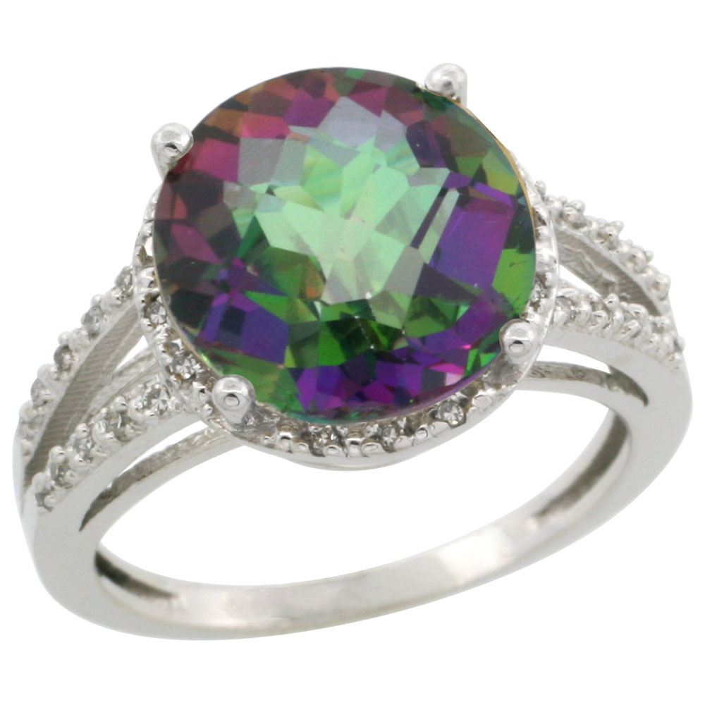 10K White Gold Natural Diamond Mystic Topaz Ring Round 11mm, sizes 5-10