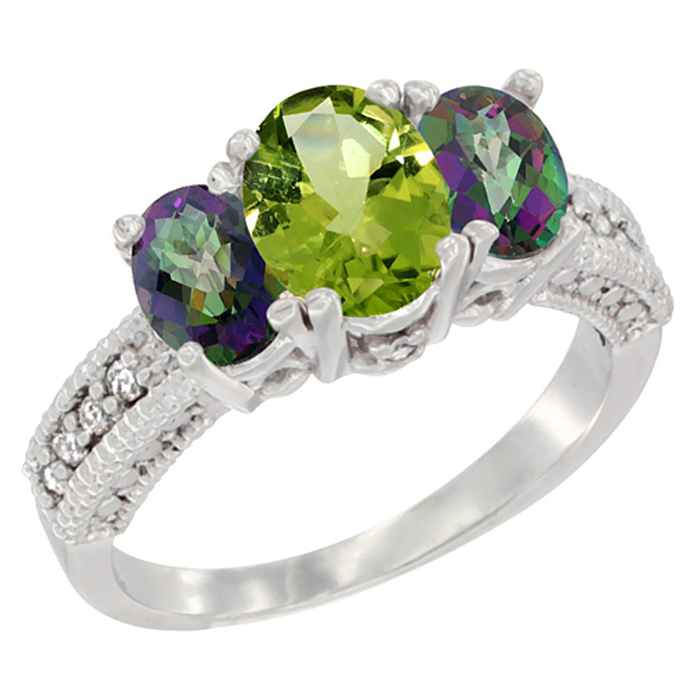 10K White Gold Diamond Natural Peridot Ring Oval 3-stone with Mystic Topaz, sizes 5 - 10