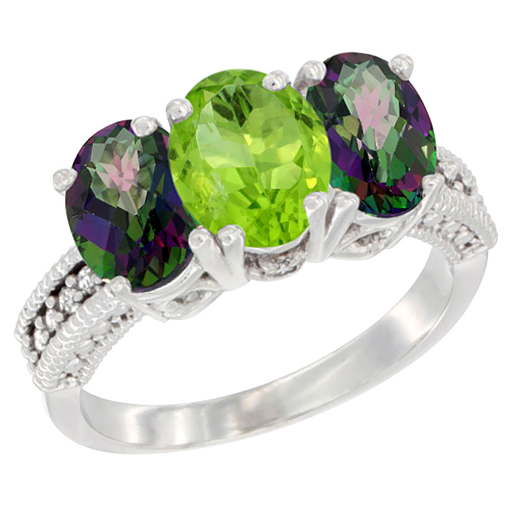 10K White Gold Natural Peridot & Mystic Topaz Sides Ring 3-Stone Oval 7x5 mm Diamond Accent, sizes 5 - 10