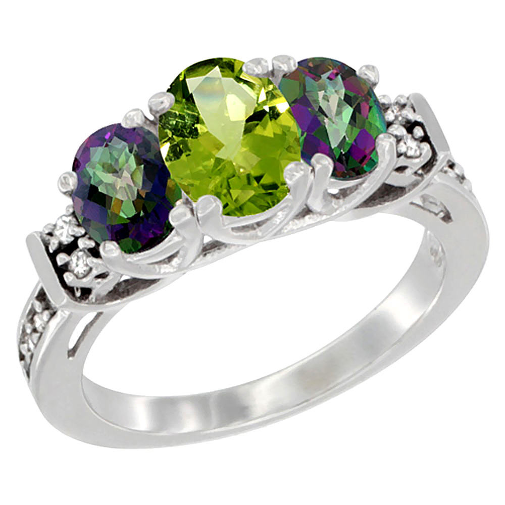 14K White Gold Natural Peridot & Mystic Topaz Ring 3-Stone Oval Diamond Accent, sizes 5-10