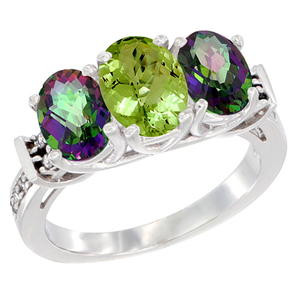 14K White Gold Natural Peridot &amp; Mystic Topaz Sides Ring 3-Stone Oval Diamond Accent, sizes 5 - 10