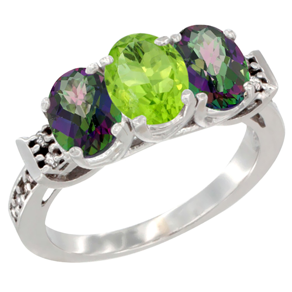 14K White Gold Natural Peridot & Mystic Topaz Sides Ring 3-Stone Oval 7x5 mm Diamond Accent, sizes 5 - 10