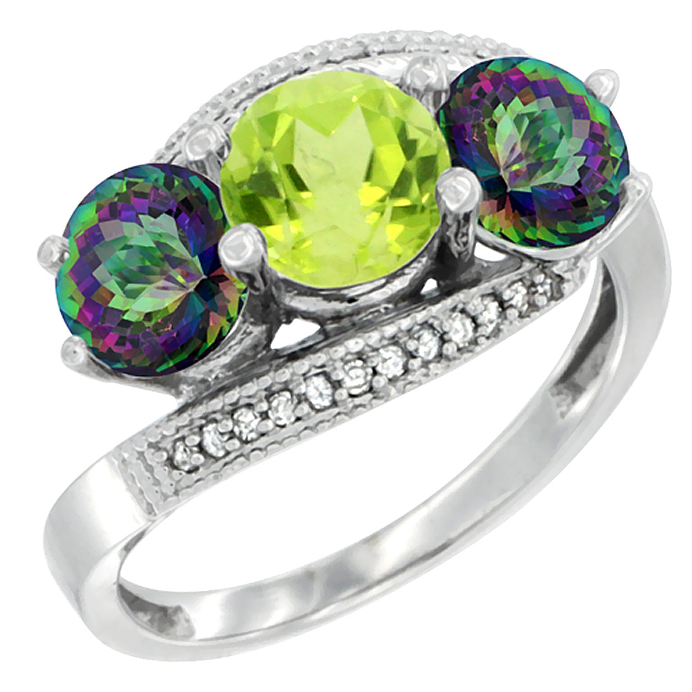 14K White Gold Natural Peridot & Mystic Topaz Sides 3 stone Ring Round 6mm Diamond Accent, sizes 5 - 10