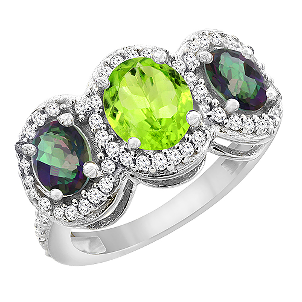 14K White Gold Natural Peridot &amp; Mystic Topaz 3-Stone Ring Oval Diamond Accent, sizes 5 - 10