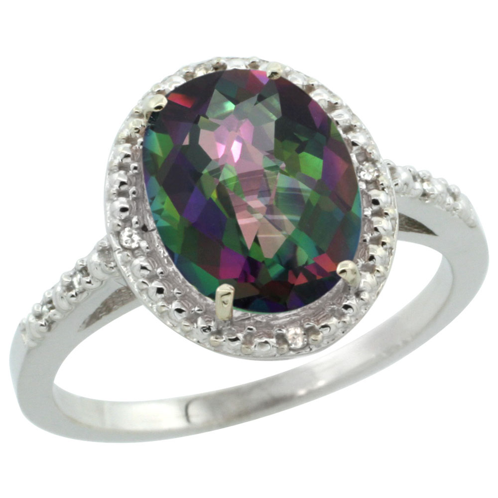 14K White Gold Natural Diamond Mystic Topaz Engagement Ring Oval 10x8mm, sizes 5-10