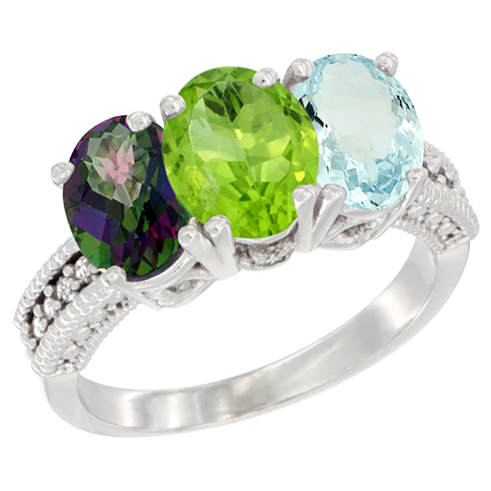 14K White Gold Natural Mystic Topaz, Peridot &amp; Aquamarine Ring 3-Stone 7x5 mm Oval Diamond Accent, sizes 5 - 10