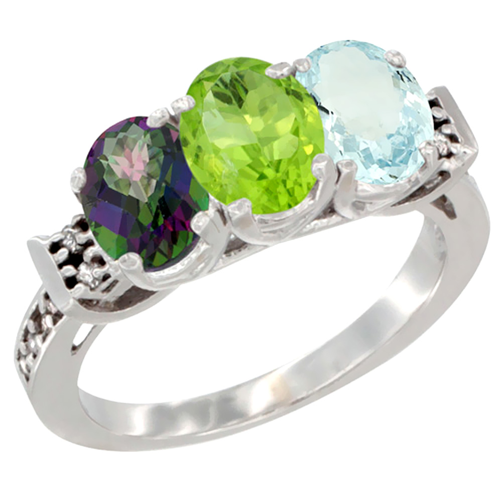 10K White Gold Natural Mystic Topaz, Peridot &amp; Aquamarine Ring 3-Stone Oval 7x5 mm Diamond Accent, sizes 5 - 10