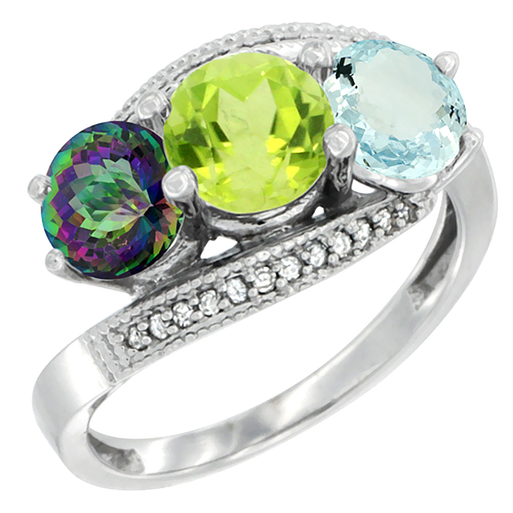 14K White Gold Natural Mystic Topaz, Peridot & Aquamarine 3 stone Ring Round 6mm Diamond Accent, sizes 5 - 10