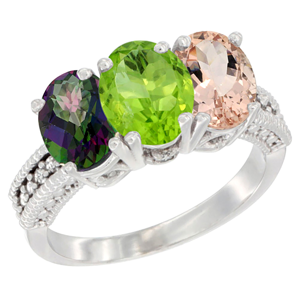 10K White Gold Natural Mystic Topaz, Peridot &amp; Morganite Ring 3-Stone Oval 7x5 mm Diamond Accent, sizes 5 - 10