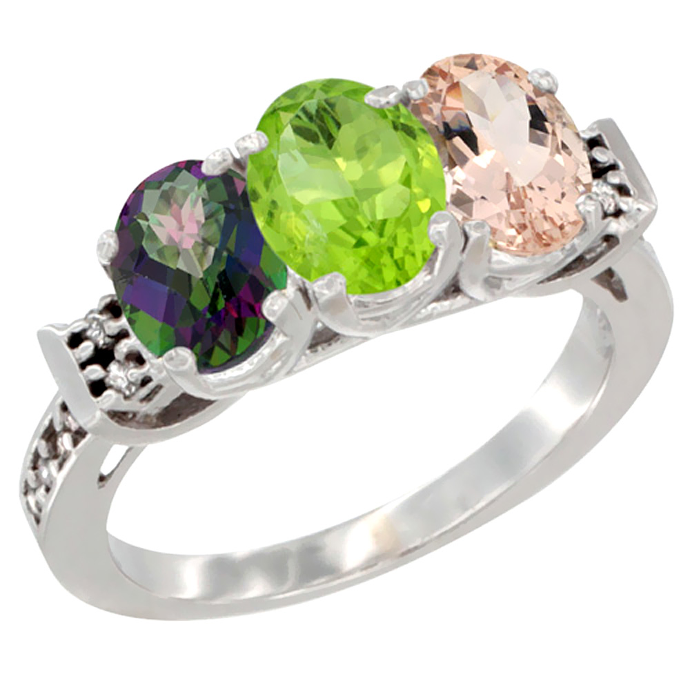 14K White Gold Natural Mystic Topaz, Peridot & Morganite Ring 3-Stone Oval 7x5 mm Diamond Accent, sizes 5 - 10