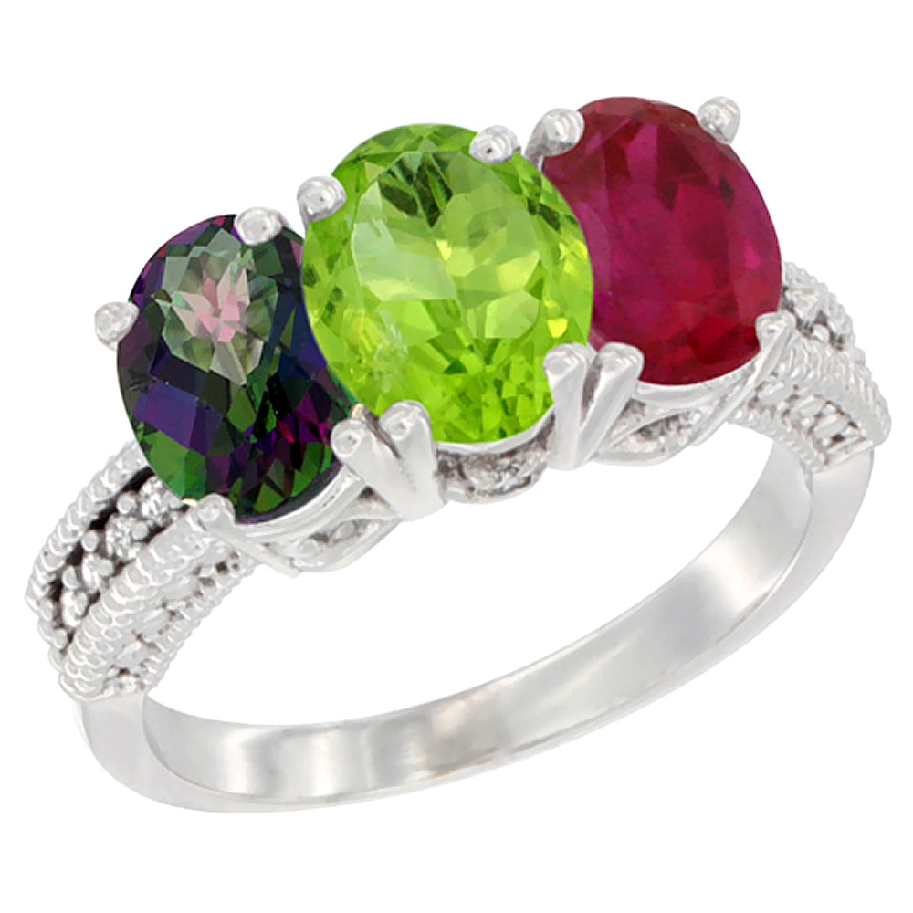 14K White Gold Natural Mystic Topaz, Peridot & Enhanced Ruby Ring 3-Stone 7x5 mm Oval Diamond Accent, sizes 5 - 10