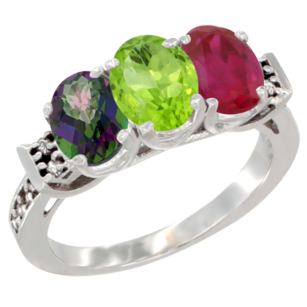 14K White Gold Natural Mystic Topaz, Peridot &amp; Enhanced Ruby Ring 3-Stone Oval 7x5 mm Diamond Accent, sizes 5 - 10