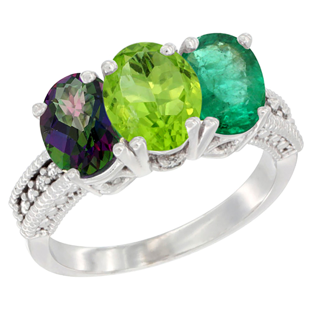 14K White Gold Natural Mystic Topaz, Peridot & Emerald Ring 3-Stone 7x5 mm Oval Diamond Accent, sizes 5 - 10