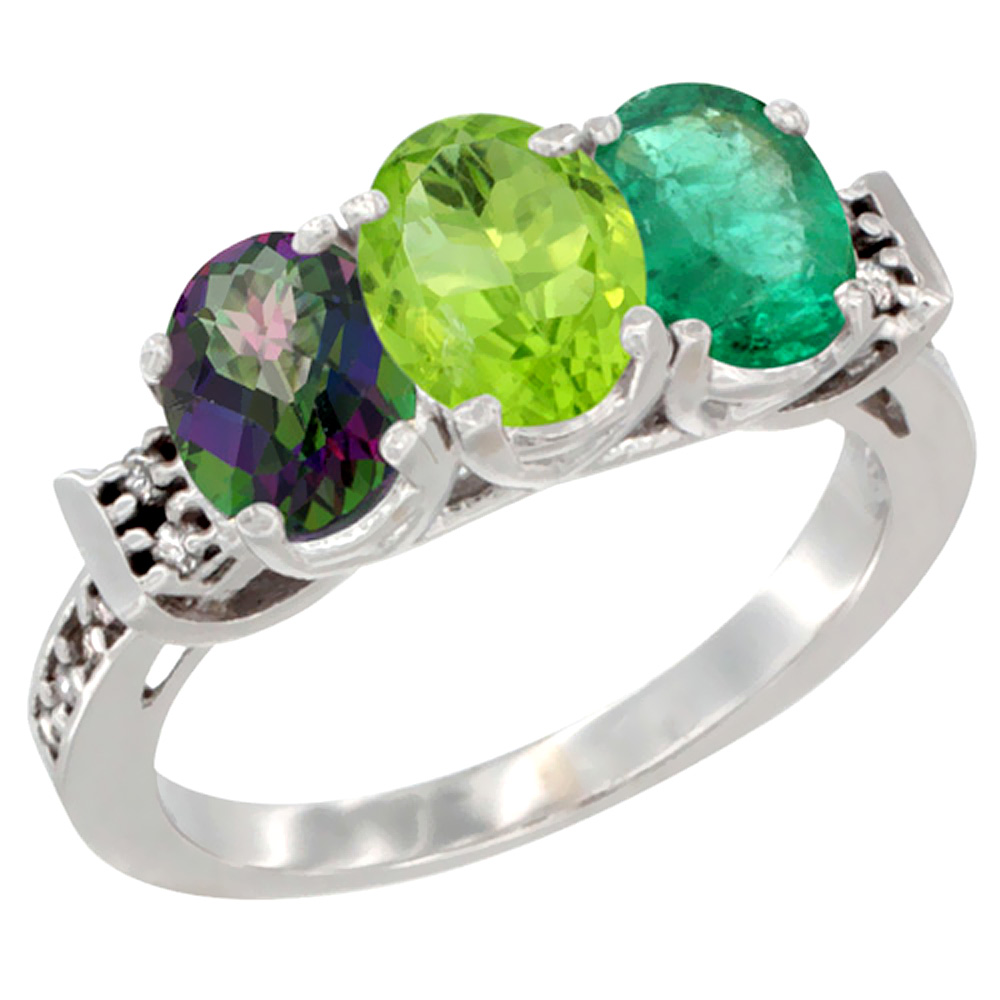 14K White Gold Natural Mystic Topaz, Peridot & Emerald Ring 3-Stone Oval 7x5 mm Diamond Accent, sizes 5 - 10