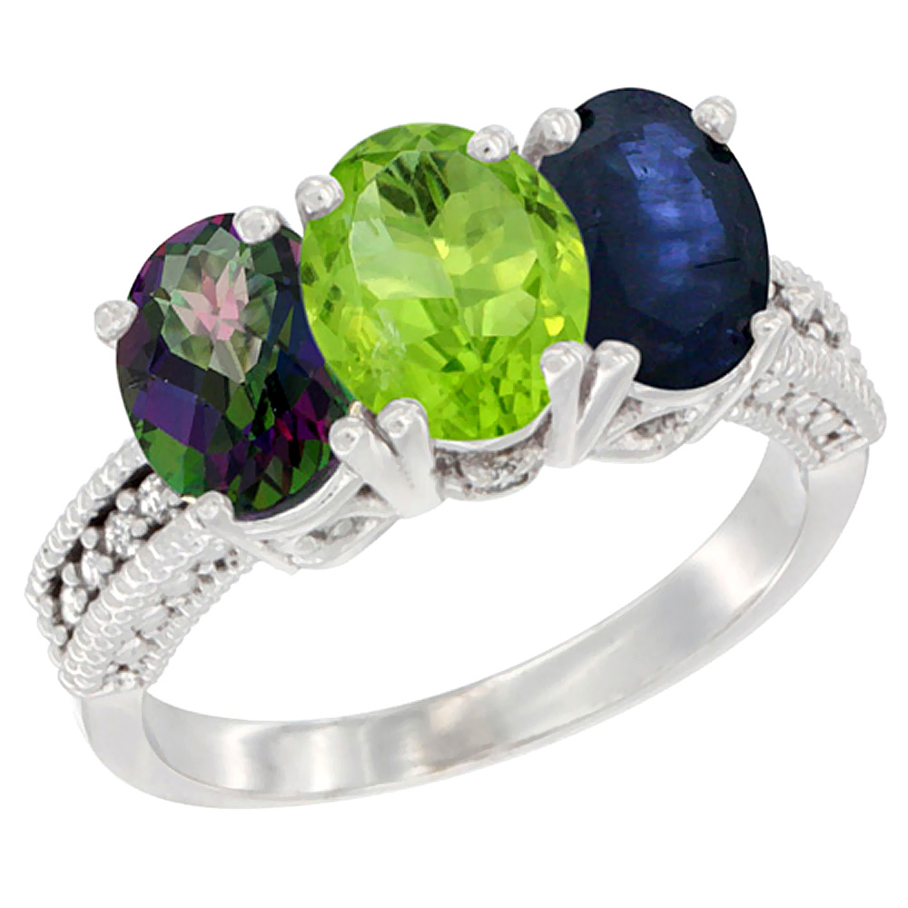 14K White Gold Natural Mystic Topaz, Peridot &amp; Blue Sapphire Ring 3-Stone 7x5 mm Oval Diamond Accent, sizes 5 - 10