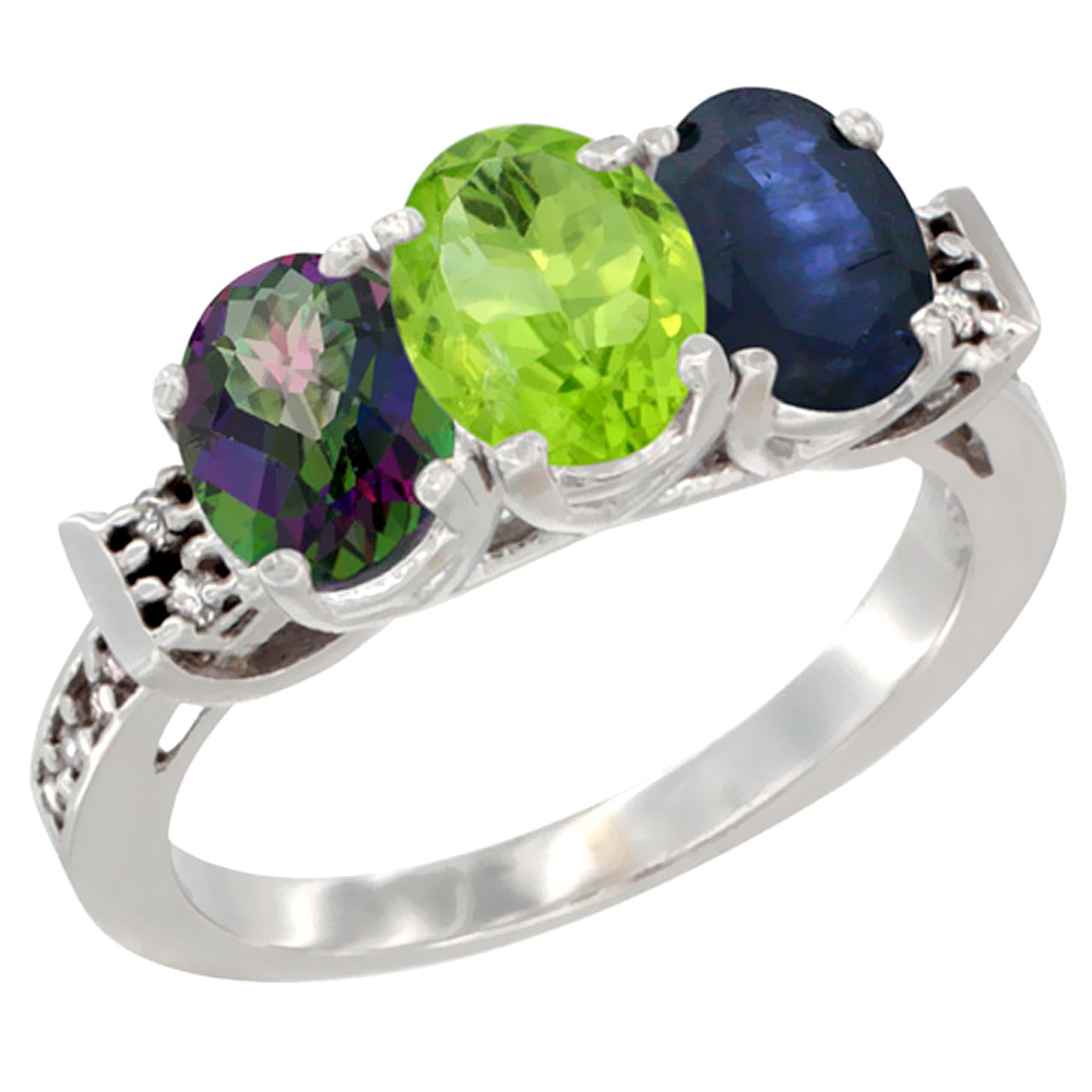 10K White Gold Natural Mystic Topaz, Peridot &amp; Blue Sapphire Ring 3-Stone Oval 7x5 mm Diamond Accent, sizes 5 - 10