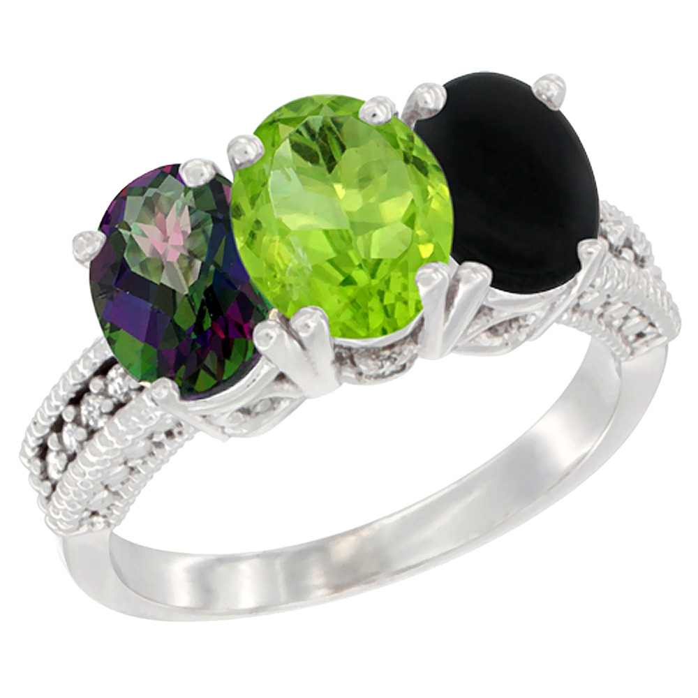 14K White Gold Natural Mystic Topaz, Peridot & Black Onyx Ring 3-Stone 7x5 mm Oval Diamond Accent, sizes 5 - 10