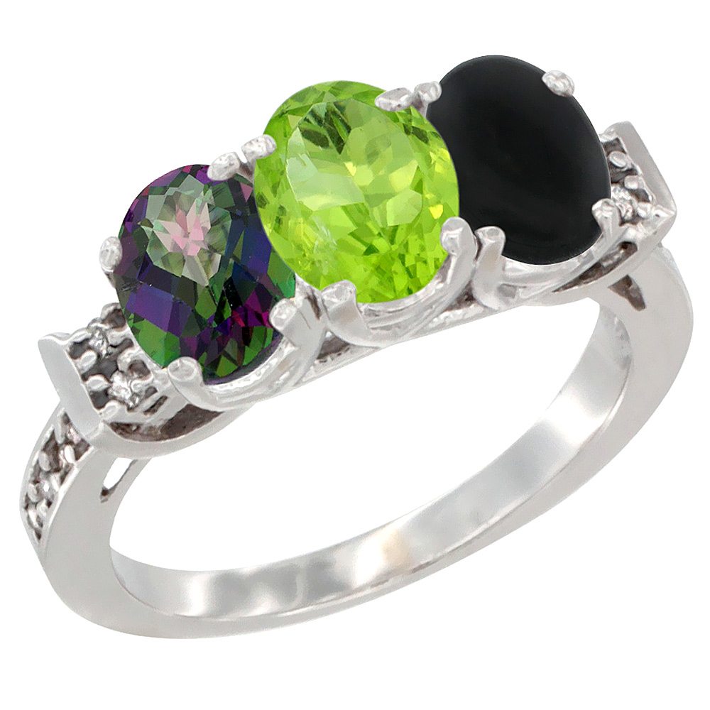 10K White Gold Natural Mystic Topaz, Peridot & Black Onyx Ring 3-Stone Oval 7x5 mm Diamond Accent, sizes 5 - 10