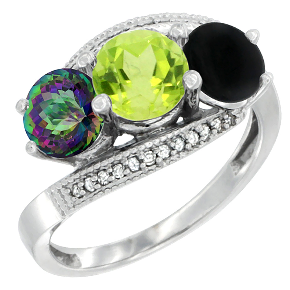 14K White Gold Natural Mystic Topaz, Peridot &amp; Black Onyx 3 stone Ring Round 6mm Diamond Accent, sizes 5 - 10