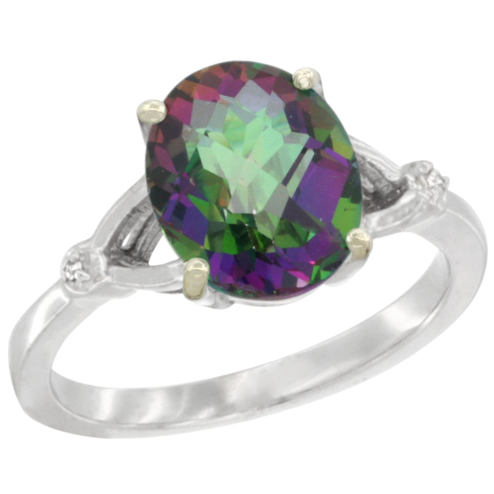 14K White Gold Natural Diamond Mystic Topaz Engagement Ring Oval 10x8mm, sizes 5-10