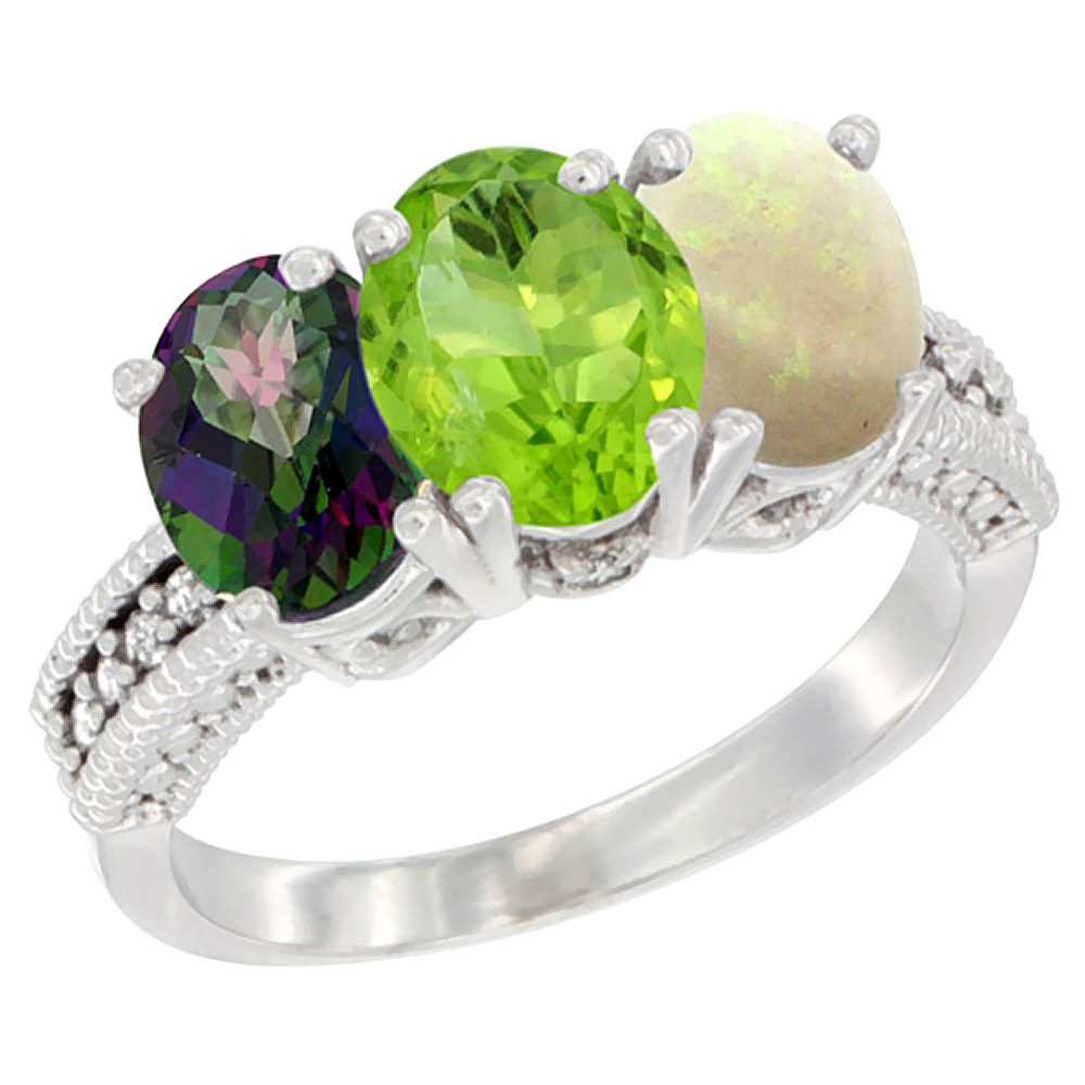 10K White Gold Natural Mystic Topaz, Peridot & Opal Ring 3-Stone Oval 7x5 mm Diamond Accent, sizes 5 - 10