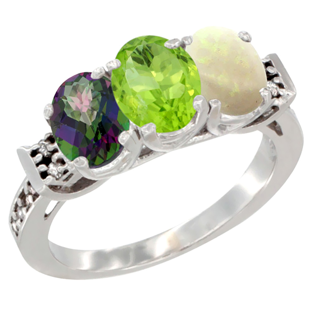 10K White Gold Natural Mystic Topaz, Peridot & Opal Ring 3-Stone Oval 7x5 mm Diamond Accent, sizes 5 - 10