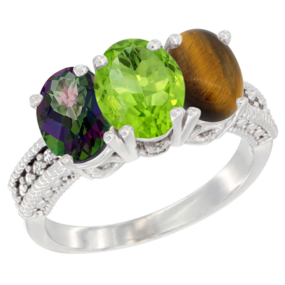 10K White Gold Natural Mystic Topaz, Peridot &amp; Tiger Eye Ring 3-Stone Oval 7x5 mm Diamond Accent, sizes 5 - 10