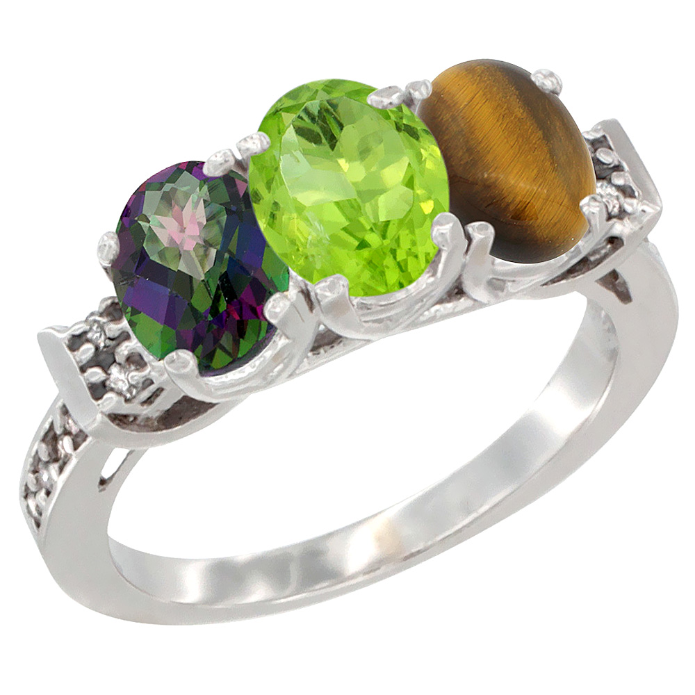 14K White Gold Natural Mystic Topaz, Peridot &amp; Tiger Eye Ring 3-Stone Oval 7x5 mm Diamond Accent, sizes 5 - 10