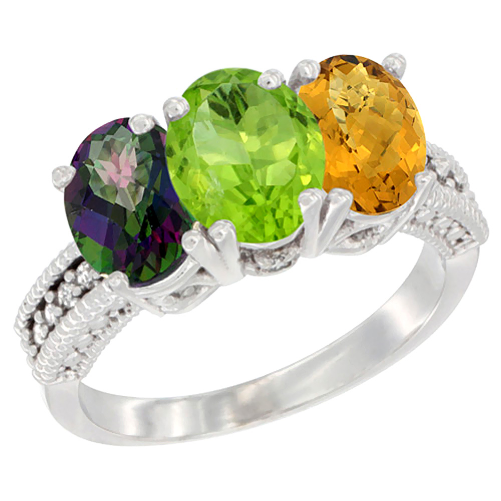 14K White Gold Natural Mystic Topaz, Peridot & Whisky Quartz Ring 3-Stone 7x5 mm Oval Diamond Accent, sizes 5 - 10