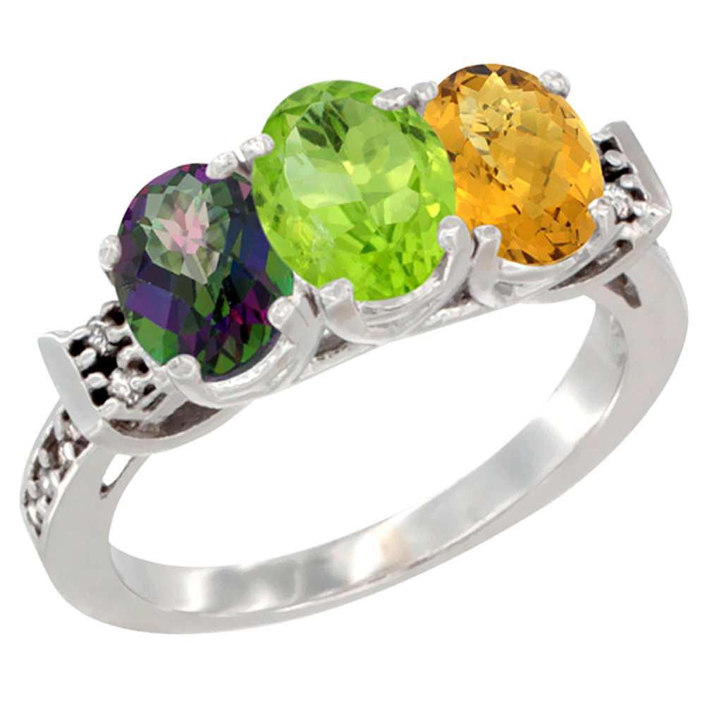 14K White Gold Natural Mystic Topaz, Peridot & Whisky Quartz Ring 3-Stone Oval 7x5 mm Diamond Accent, sizes 5 - 10