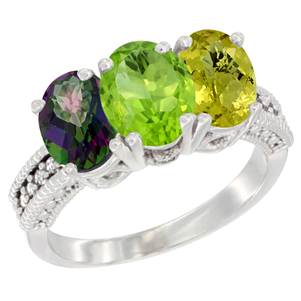 10K White Gold Natural Mystic Topaz, Peridot & Lemon Quartz Ring 3-Stone Oval 7x5 mm Diamond Accent, sizes 5 - 10