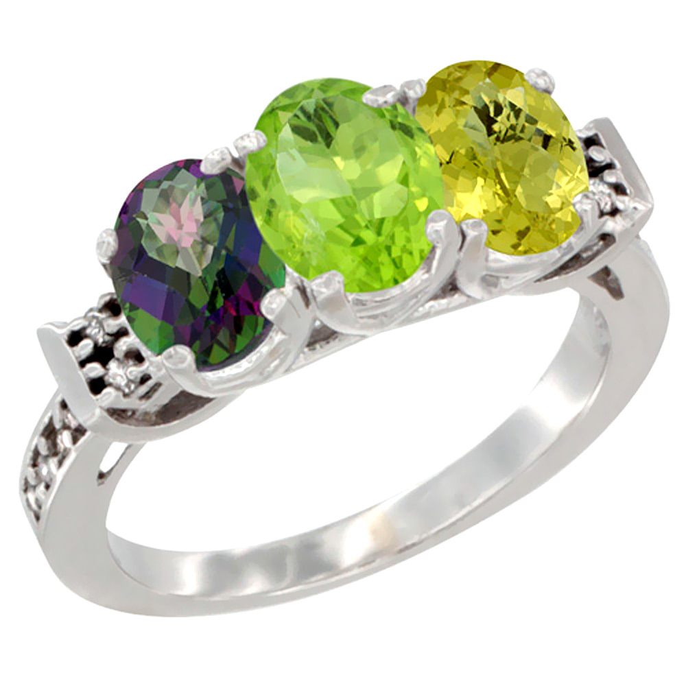 14K White Gold Natural Mystic Topaz, Peridot & Lemon Quartz Ring 3-Stone Oval 7x5 mm Diamond Accent, sizes 5 - 10