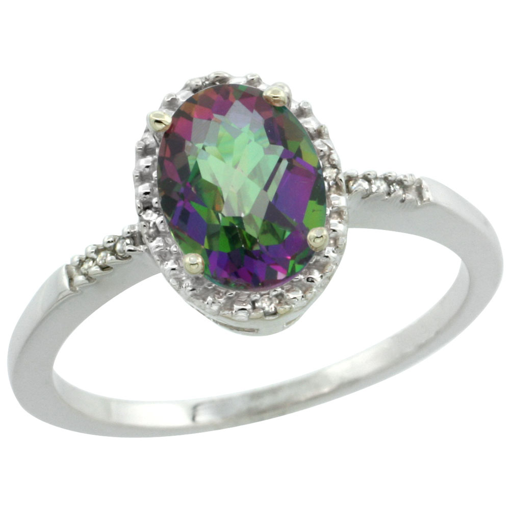 14K White Gold Natural Diamond Mystic Topaz Ring Oval 8x6mm, sizes 5-10