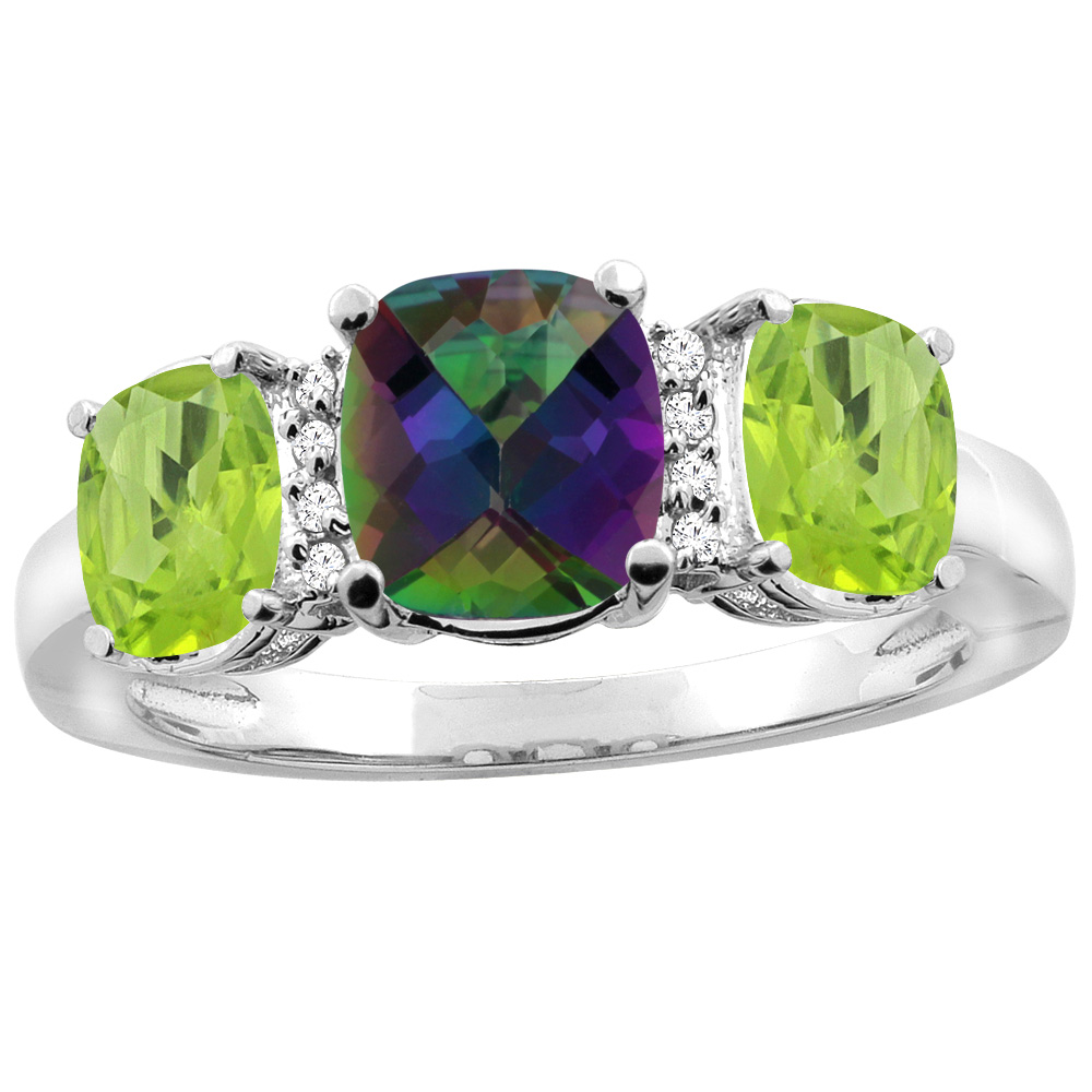 14K White Gold Natural Mystic Topaz & Peridot 3-stone Ring Cushion 8x6mm Diamond Accent, sizes 5 - 10