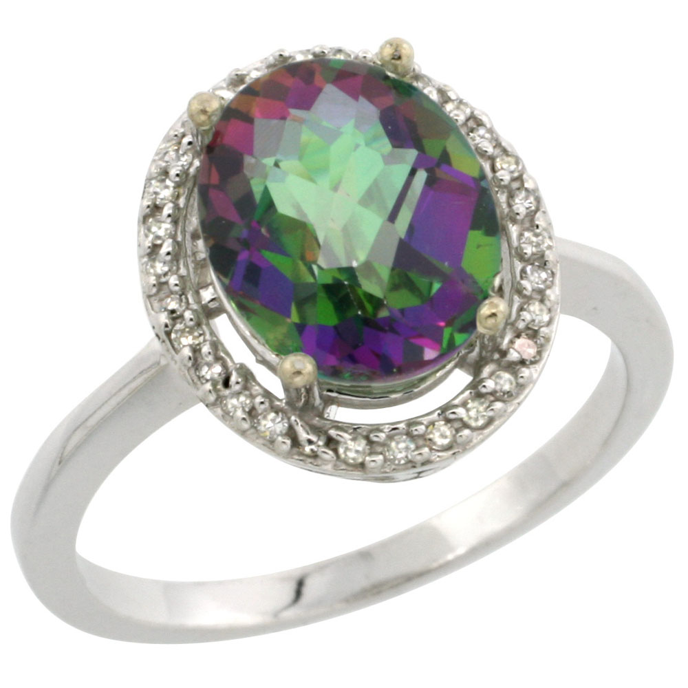 14K White Gold Natural Diamond Mystic Topaz Engagement Ring Oval 10x8mm, sizes 5-10