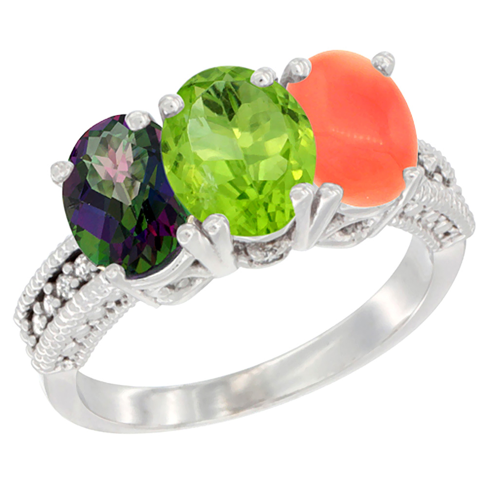 10K White Gold Natural Mystic Topaz, Peridot & Coral Ring 3-Stone Oval 7x5 mm Diamond Accent, sizes 5 - 10