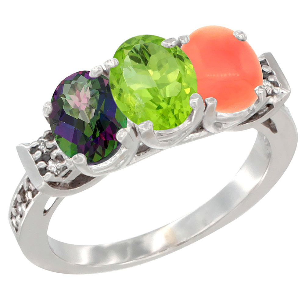 10K White Gold Natural Mystic Topaz, Peridot &amp; Coral Ring 3-Stone Oval 7x5 mm Diamond Accent, sizes 5 - 10